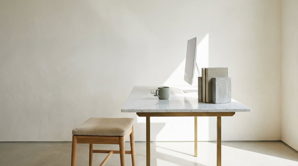 Low-angle photograph looking slightly upward at of a zen-inspired workspace