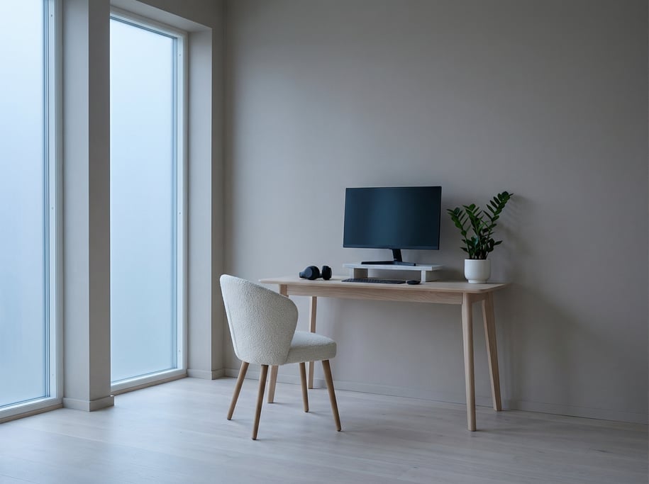 Pulled-back wide shot showing the full room with of a Nordic atelier