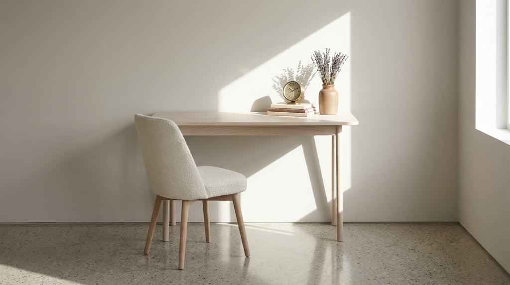 Low-angle photograph looking slightly upward at of a zen-inspired workspace