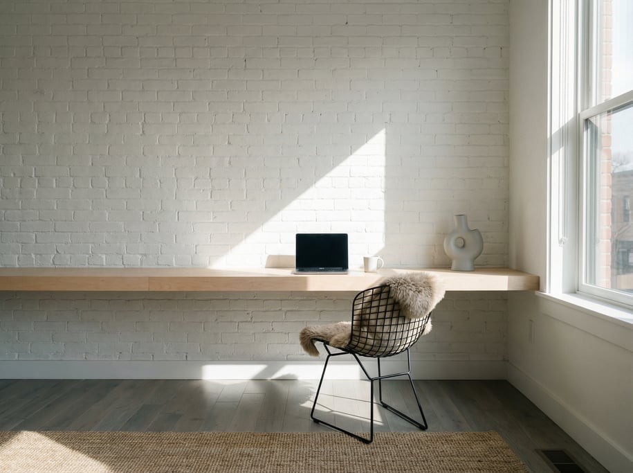 Pulled-back wide shot showing the full room with of a Japandi study room