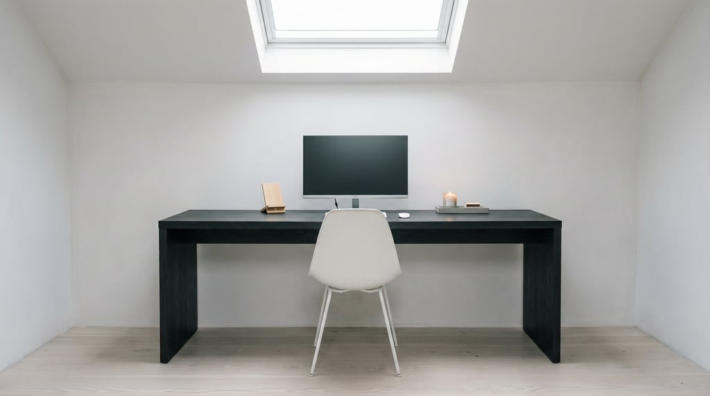 Frontal symmetrical view of a Bauhaus-inspired workspace
