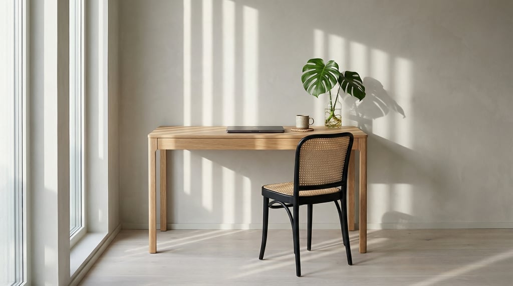 Straight-on architectural photograph of a window-side writing desk setup