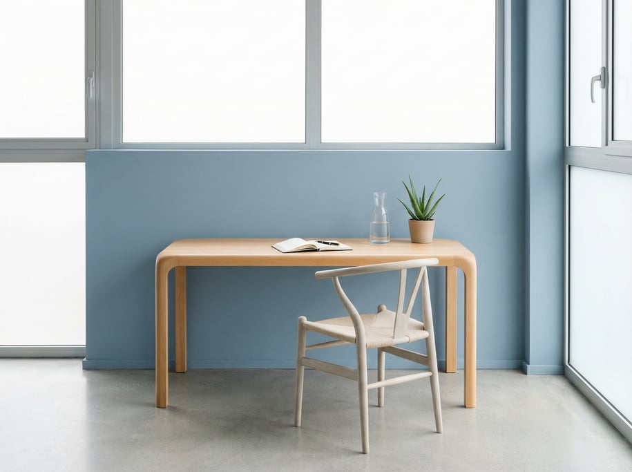 Straight-on architectural photograph of a Bauhaus-inspired workspace