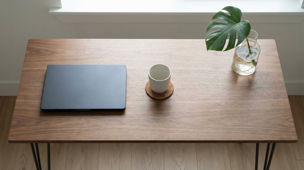 Overhead bird's-eye view looking directly down at a clean slim walnut veneer desk with hairpin legs