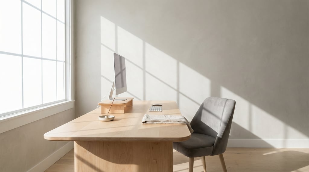Wide-angle architectural shot of a clean freelancer workspace