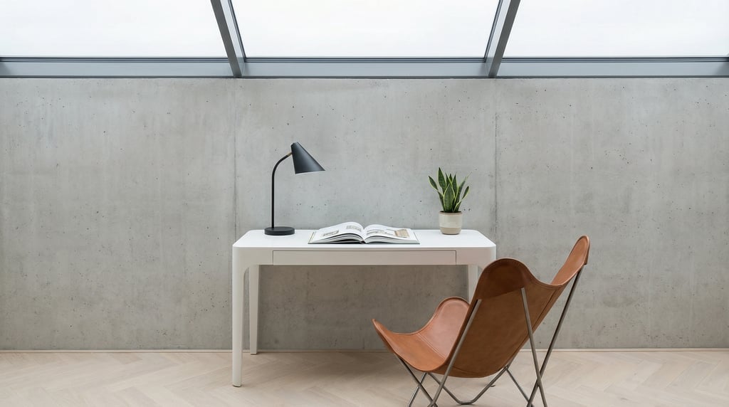 Low-angle photograph looking slightly upward at of a window-side writing desk setup