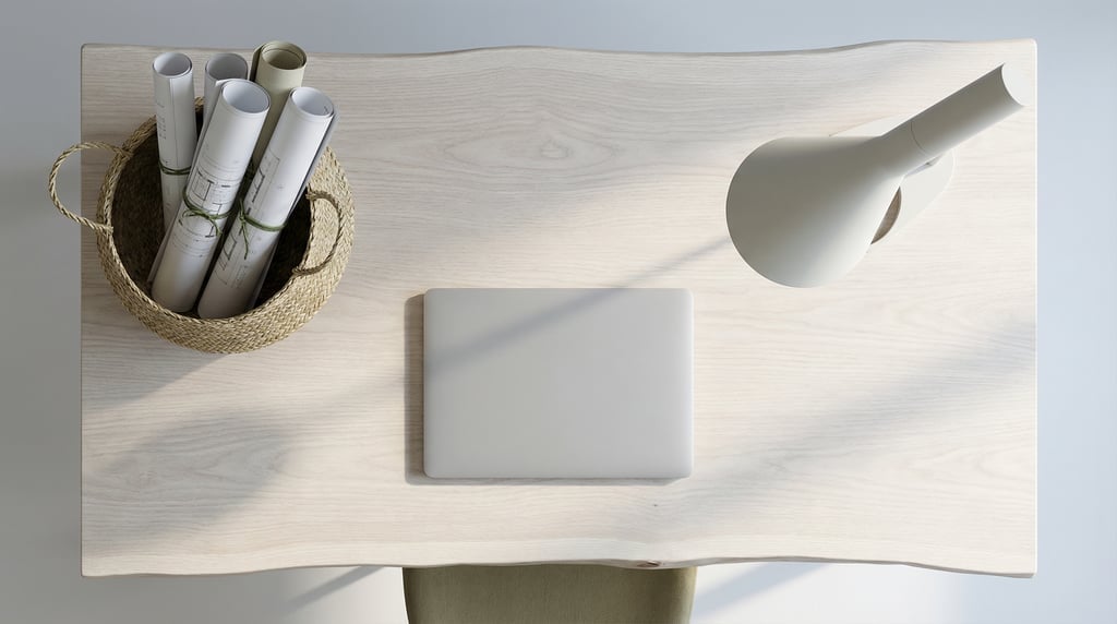 Overhead bird's-eye view looking directly down at a clean bleached elm desk with organic edges surfa