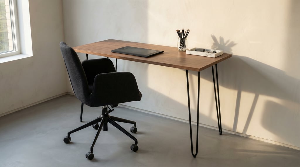 Low-angle photograph looking slightly upward at of a Japandi study room
