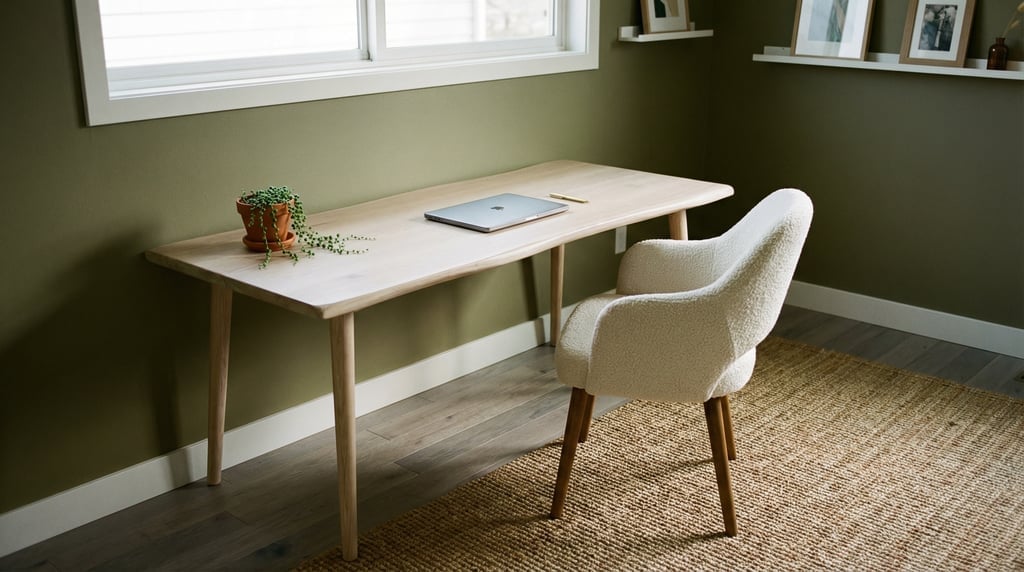 Pulled-back wide shot showing the full room with of a modern creative studio