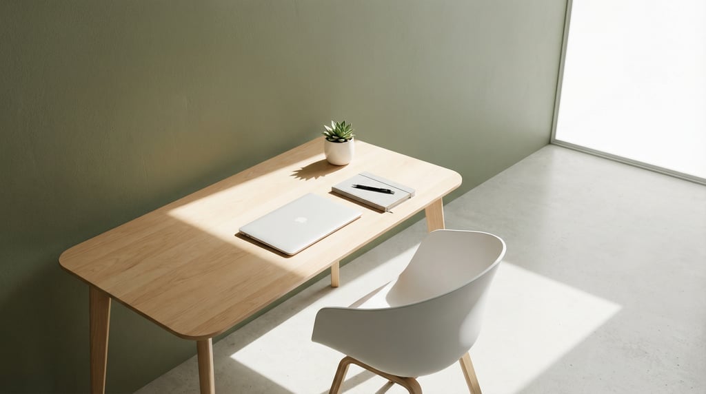 Wide-angle architectural shot of a serene morning workspace