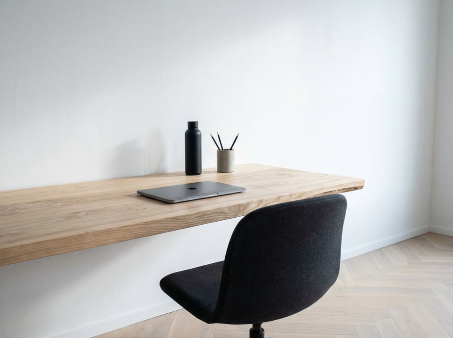 Wide-angle architectural shot of a serene morning workspace