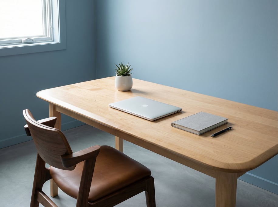 Close three-quarter angle of a mid-century modern home office