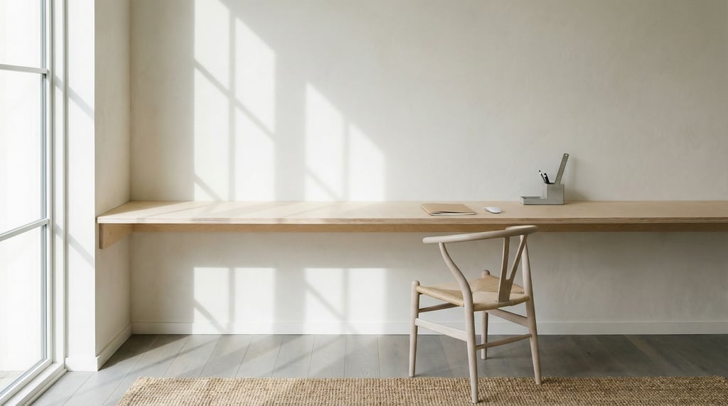 Wide-angle architectural shot of a quiet reading and writing nook