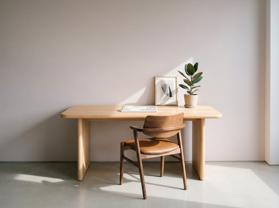 Wide straight-on photograph of an architect's workspace