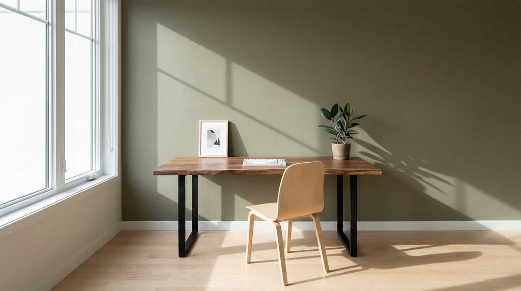 Wide straight-on photograph of a minimalist home office