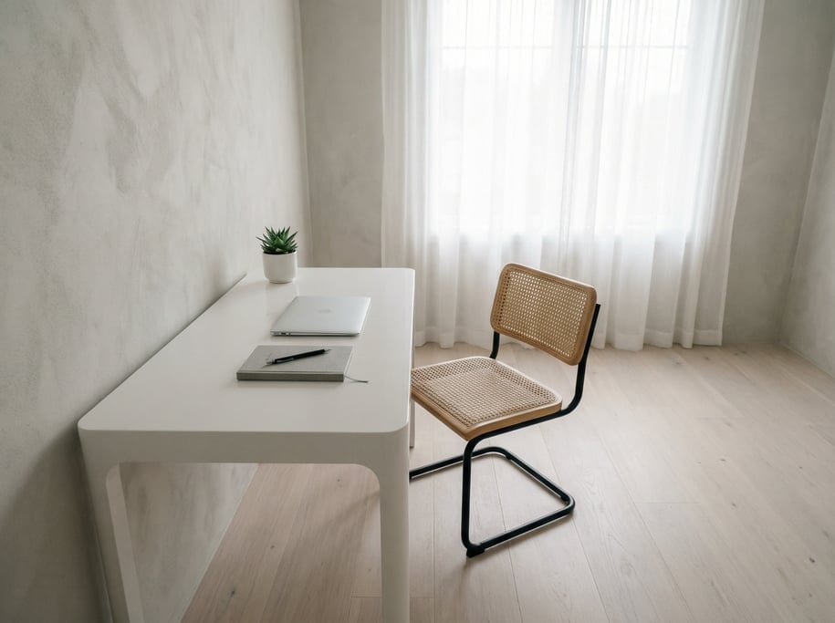 Pulled-back wide shot showing the full room with of a quiet reading and writing nook