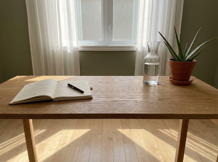 First-person perspective standing at the front edge of the desk