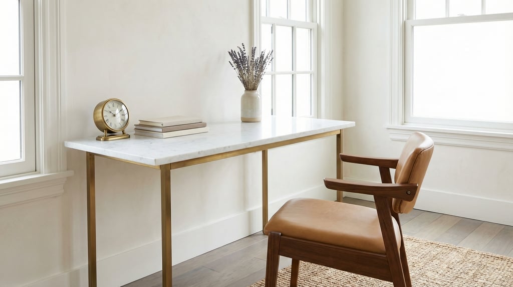 Three-quarter angle view of a coastal-inspired bright workspace