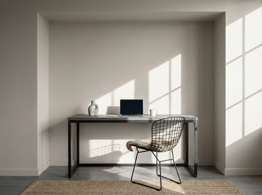 Frontal symmetrical view of a built-in alcove workspace