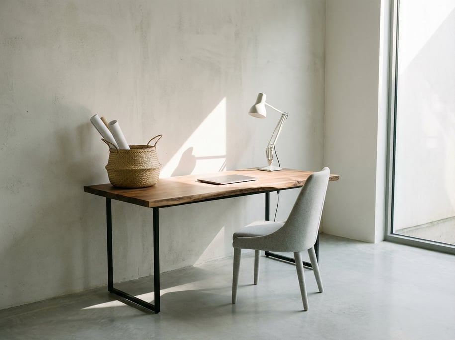 Three-quarter angle view of a minimal illustration studio