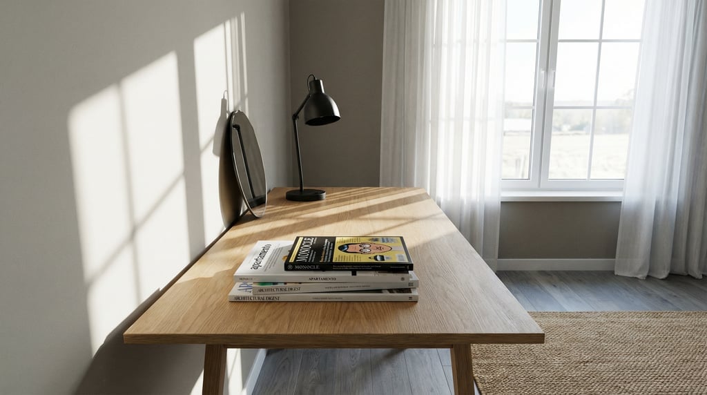 First-person perspective standing at the front edge of the desk