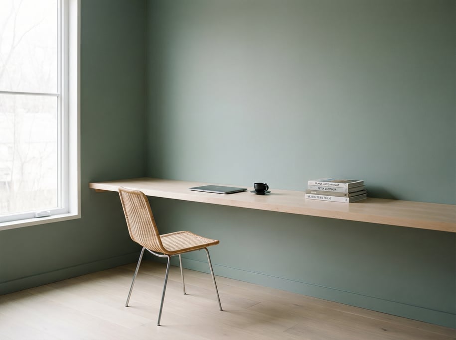 Wide-angle architectural shot of a quiet reading and writing nook
