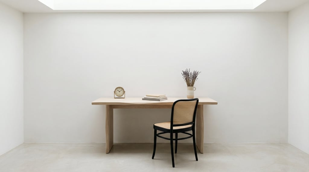 Straight-on architectural photograph of a Bauhaus-inspired workspace