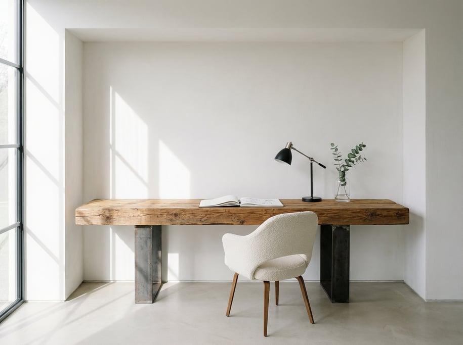 Wide straight-on photograph of a built-in alcove workspace