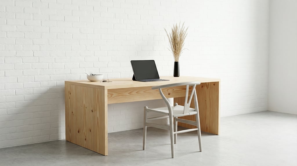 Pulled-back wide shot showing the full room with of a minimal illustration studio