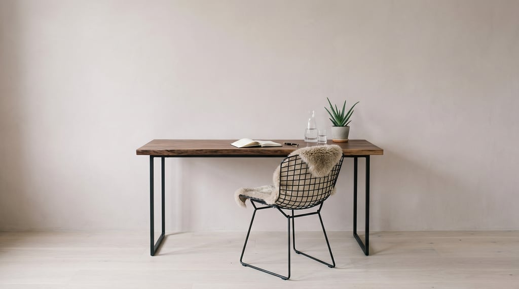 Straight-on architectural photograph of a Japandi study room