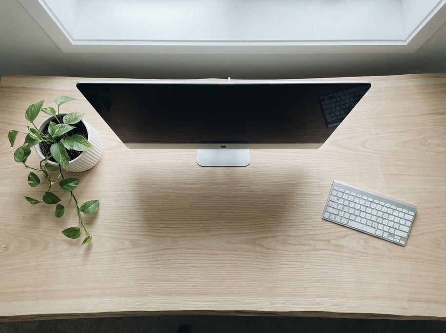 Overhead bird's-eye view looking directly down at a clean thick raw-edge ash wood desk surface