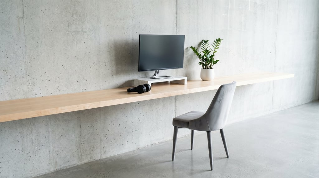 Wide straight-on photograph of a coastal-inspired bright workspace