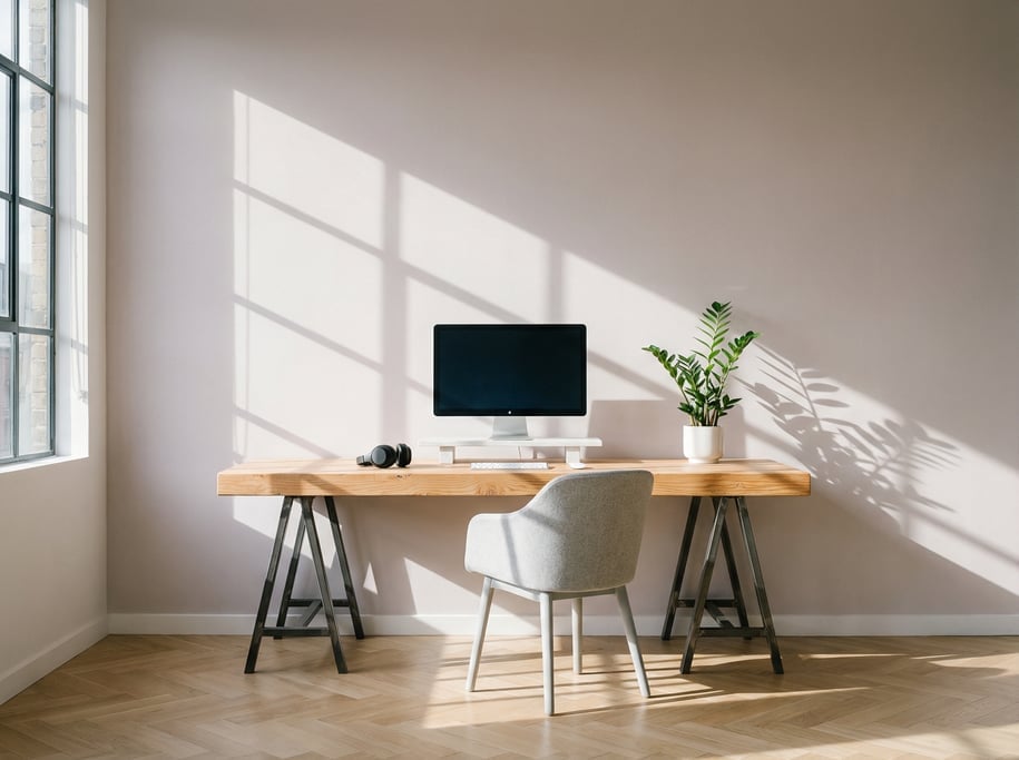 Pulled-back wide shot showing the full room with of a converted loft workspace