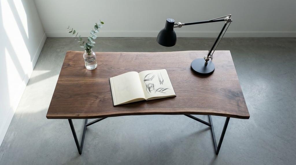 Overhead bird's-eye view looking directly down at a clean live-edge walnut slab desk with slim black