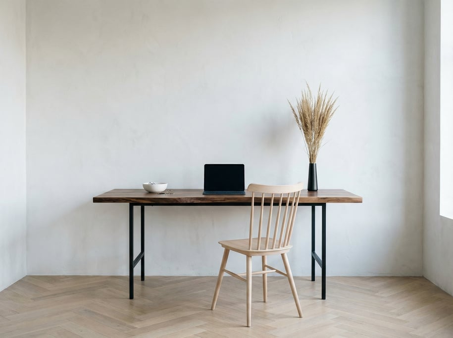 Frontal symmetrical view of a gallery-like workspace with high ceilings