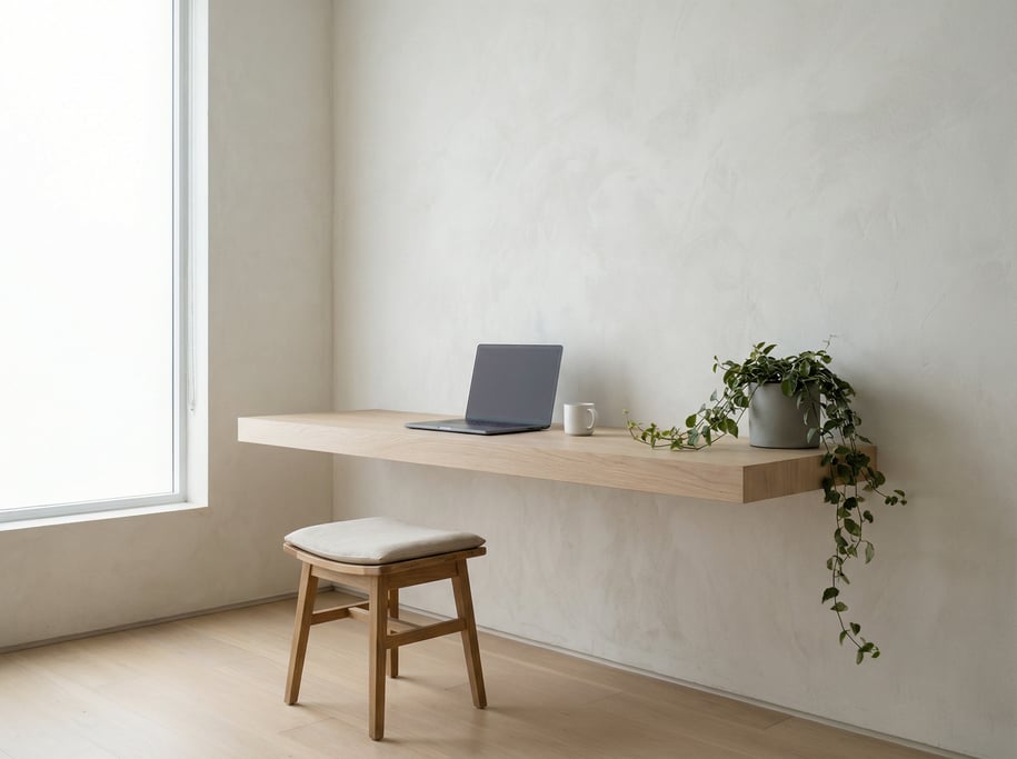 Wide-angle architectural shot of a designer's minimal studio