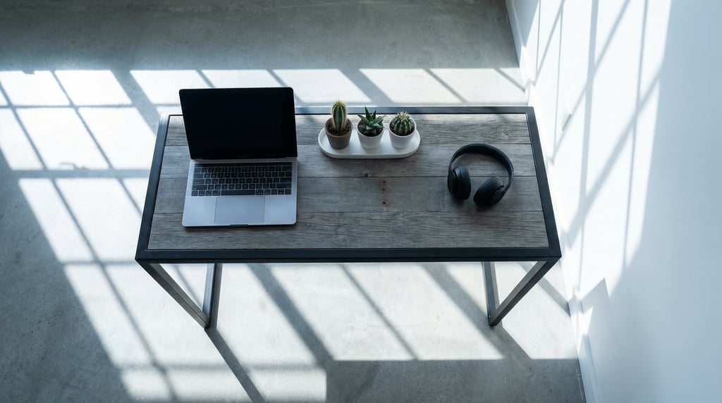 Overhead bird's-eye view looking directly down at a clean an industrial desk of blackened steel and