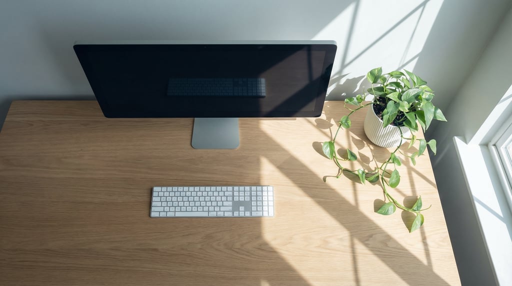 Overhead bird's-eye view looking directly down at a clean slender natural oak desk surface