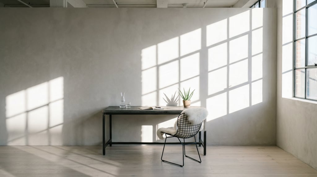 Wide-angle architectural shot of a gallery-like workspace with high ceilings