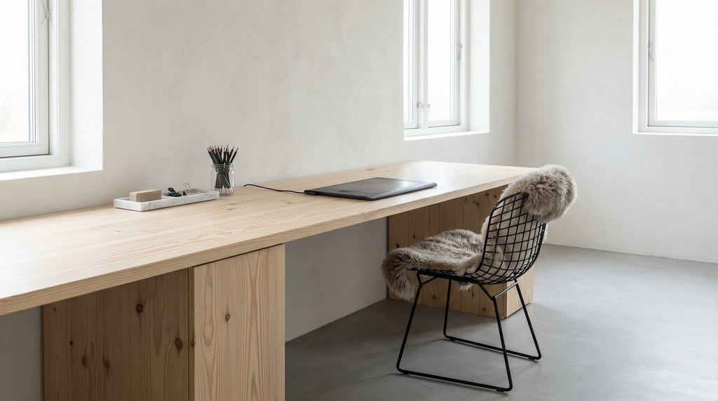 Straight-on architectural photograph of a monochrome minimal office