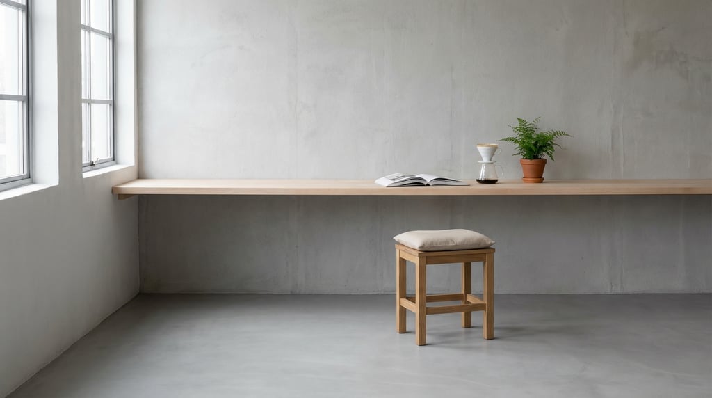 Pulled-back wide shot showing the full room with of a Nordic atelier