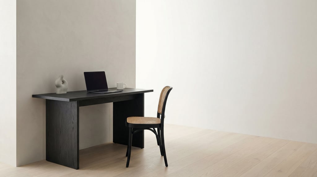 Three-quarter angle view of a Japandi study room