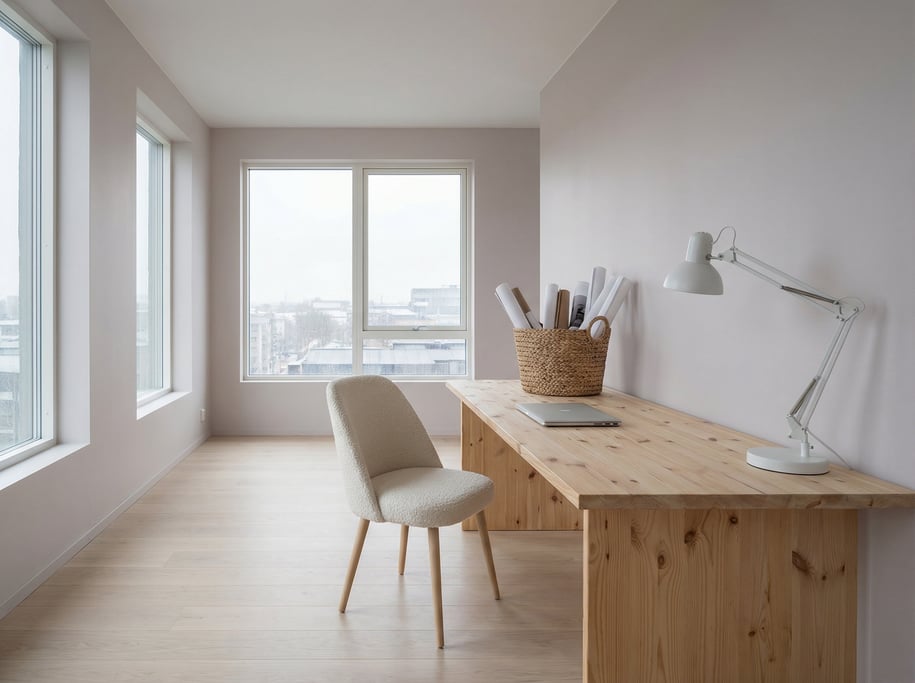 Wide-angle architectural shot of a designer's minimal studio