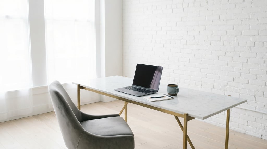 Wide straight-on photograph of a contemporary writing room