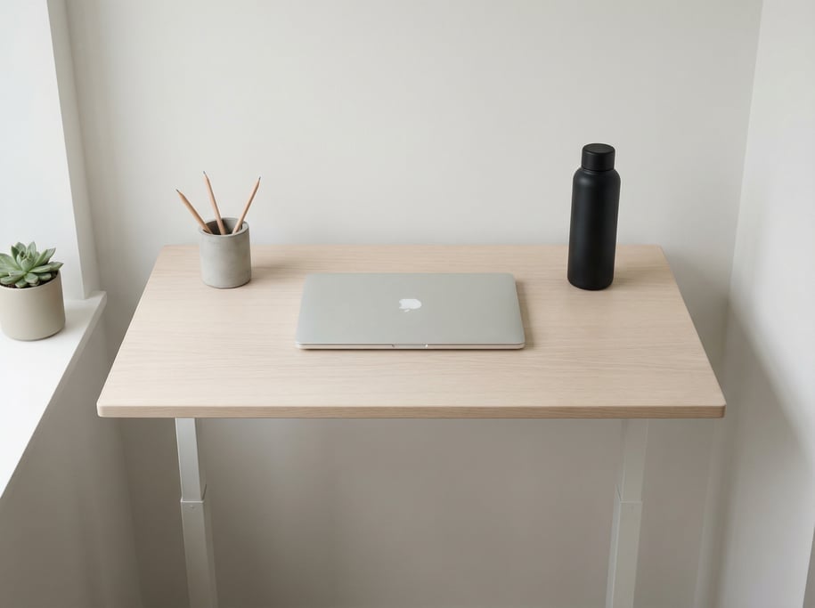 Overhead bird's-eye view looking directly down at a clean narrow standing-height desk in light ash s