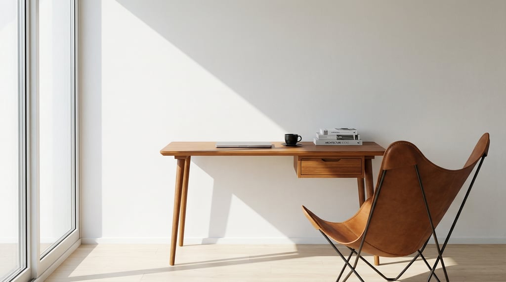Wide-angle architectural shot of a serene morning workspace