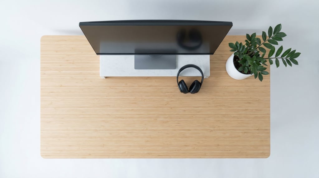 Overhead bird's-eye view looking directly down at a clean light bamboo desk with clean lines surface