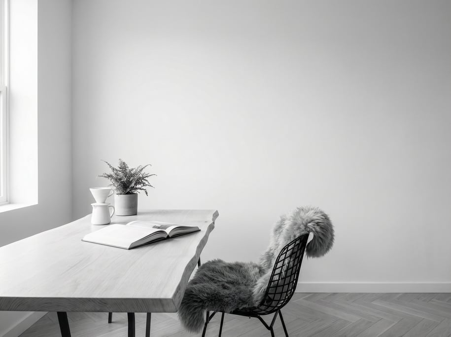 Low-angle photograph looking slightly upward at of a monochrome minimal office