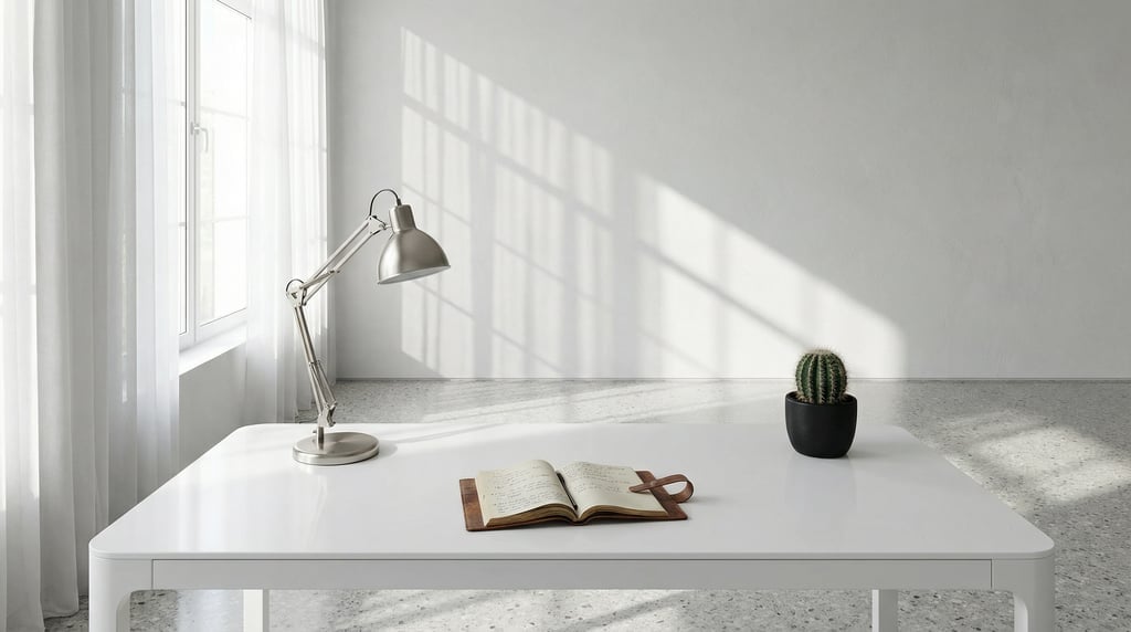 First-person perspective standing at the front edge of the desk