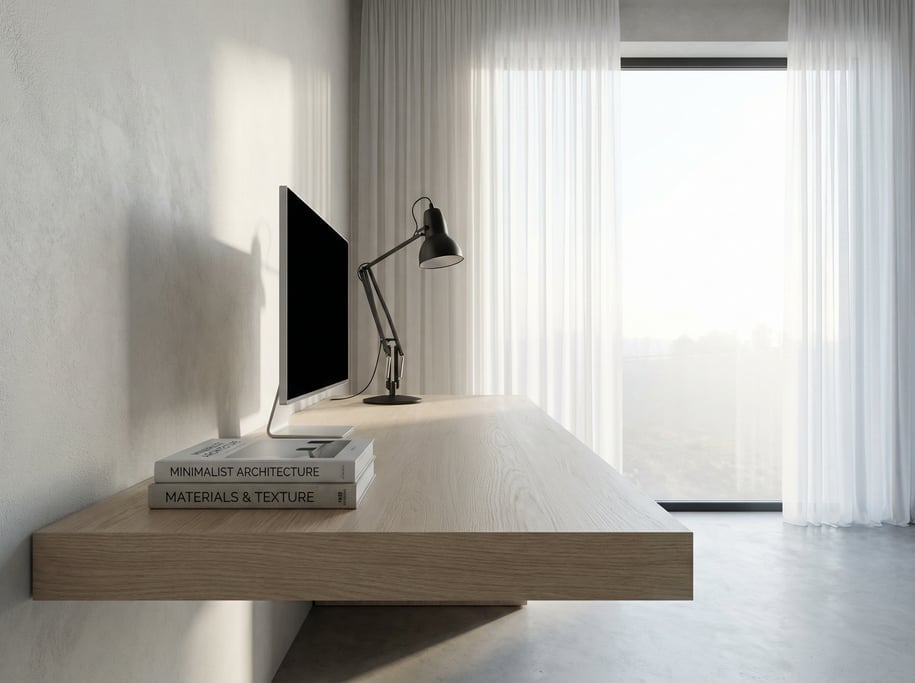 First-person perspective standing at the front edge of the desk